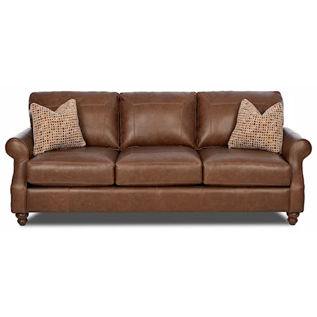 Traditional Extra Large Leather Sofa with Rolled Arms & 2 Toss Pillows